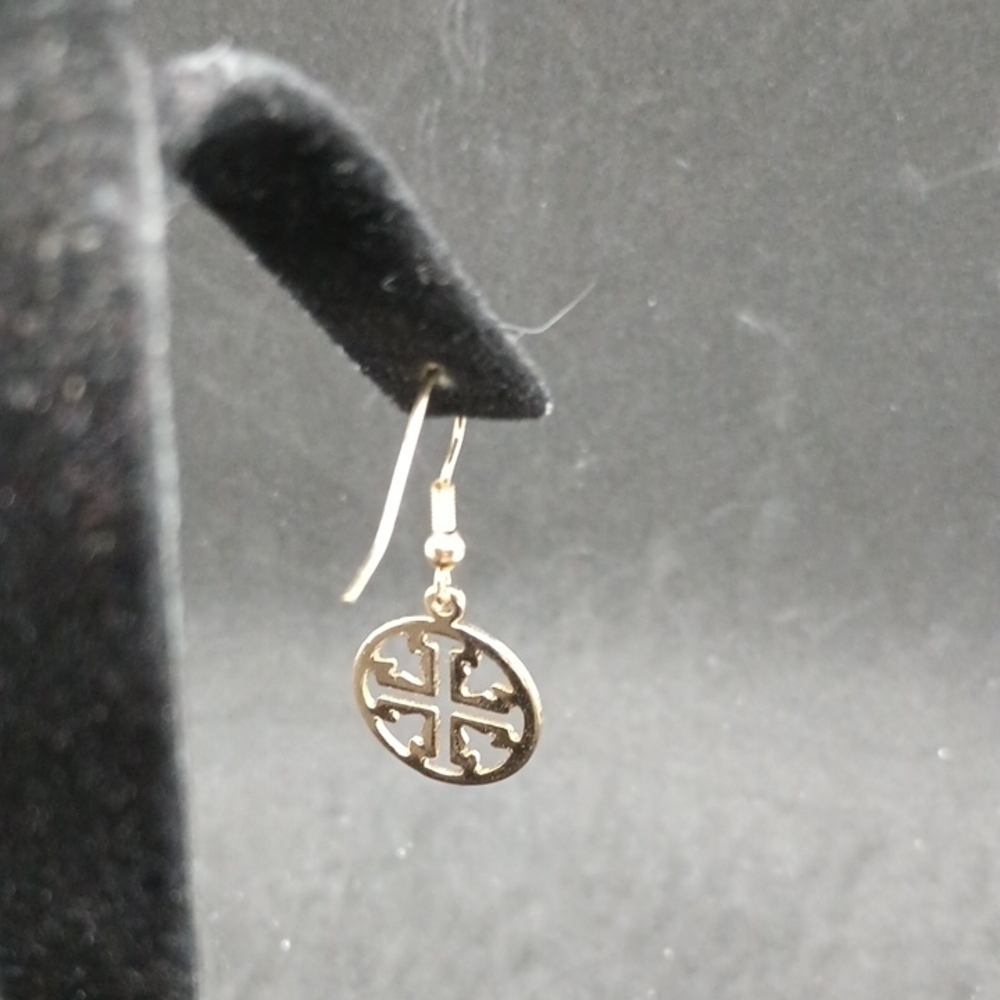 Gold Tone Medallion Dangle Earrings with Vintage Finish - Picture 3 of 3